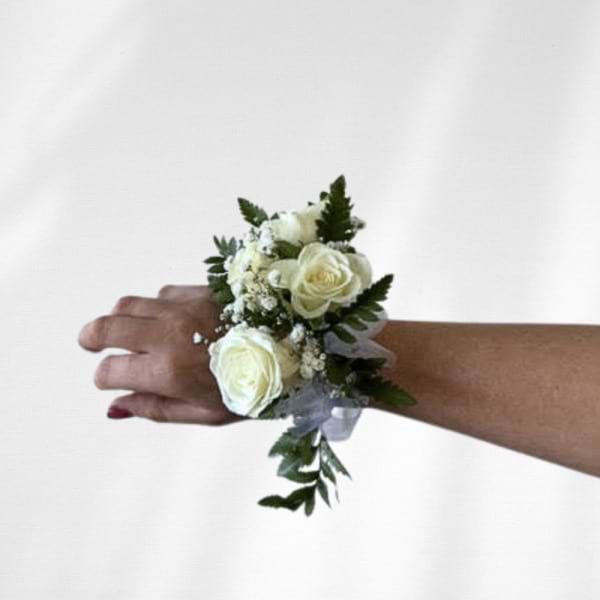 Elegance - White Roses with babies Breath Corsage